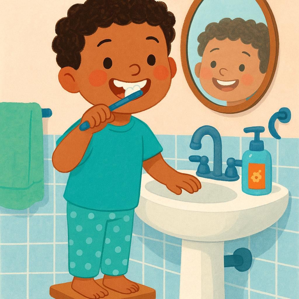 A happy child standing on a small stool at a bathroom sink, holding a toothbrush and brushing their teeth, illustrating a daily routine.
