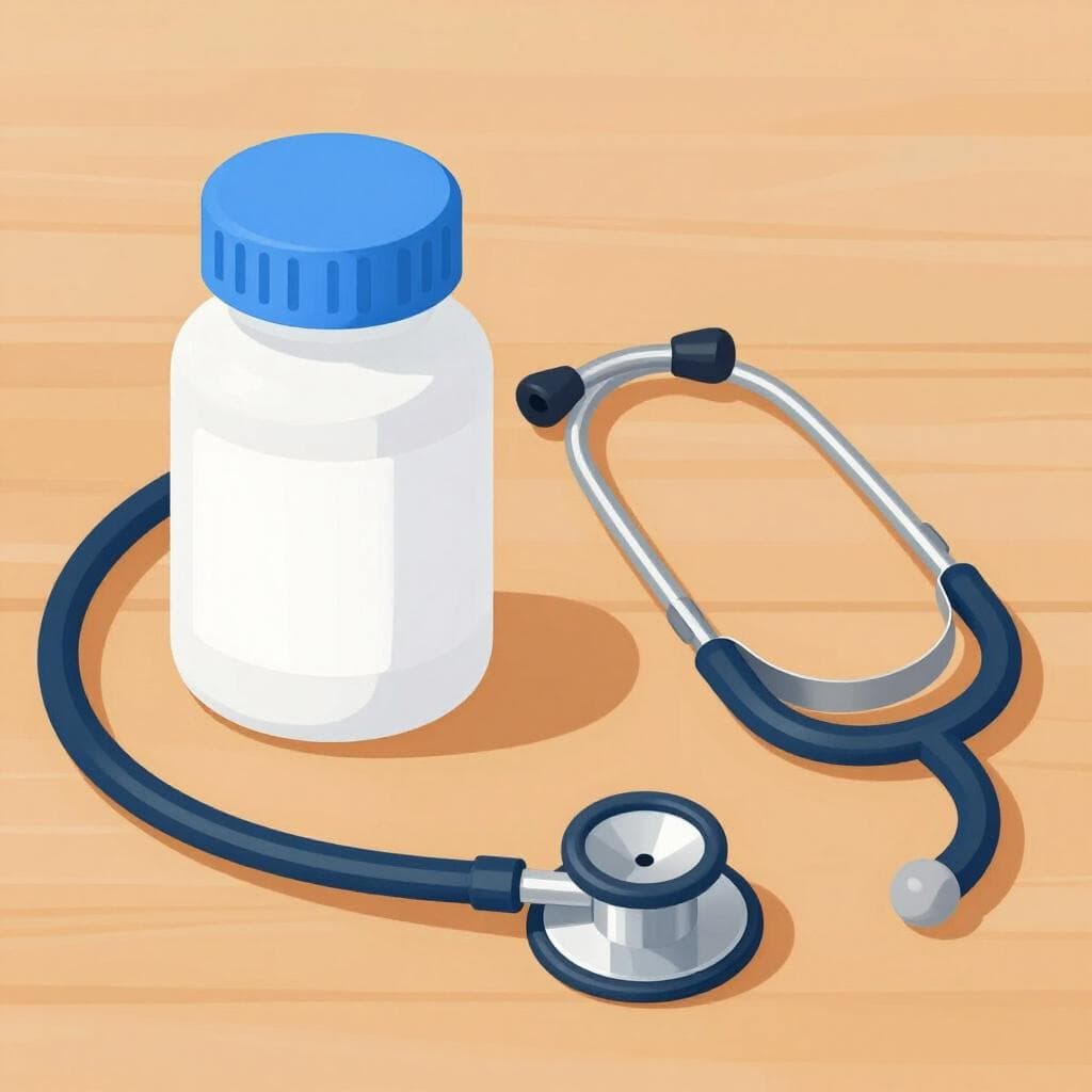 Une bouteille blanche de médicament et un stéthoscope sur une surface propre.