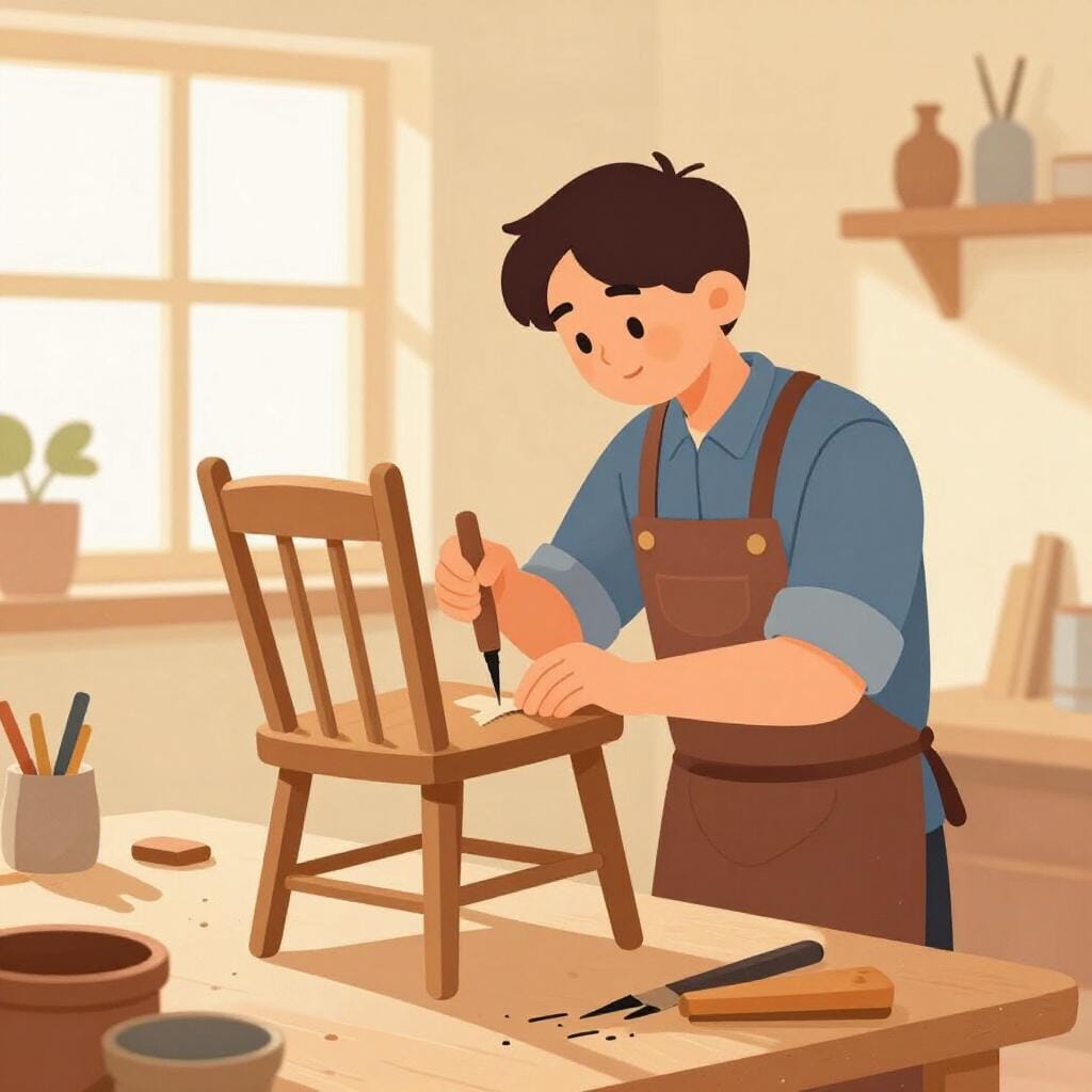 A carpenter at a workbench with wood shavings and tools, illuminated by sunlight through a window.