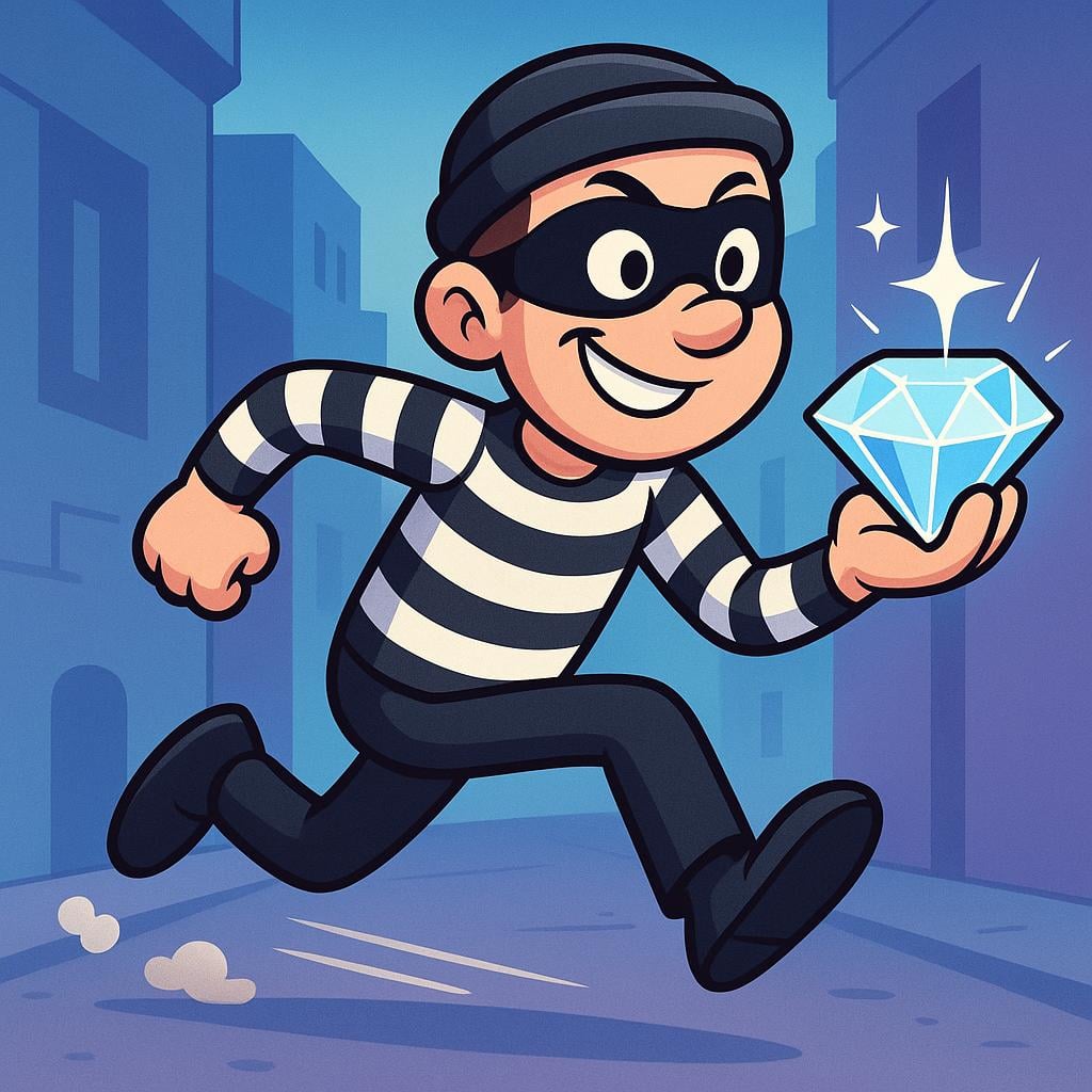 A mischievous cartoon character, dressed like a burglar with a striped shirt and mask, running away quickly while clutching a large, sparkling diamond.
