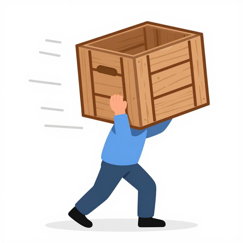A person using both hands to lift a heavy wooden crate from the ground.