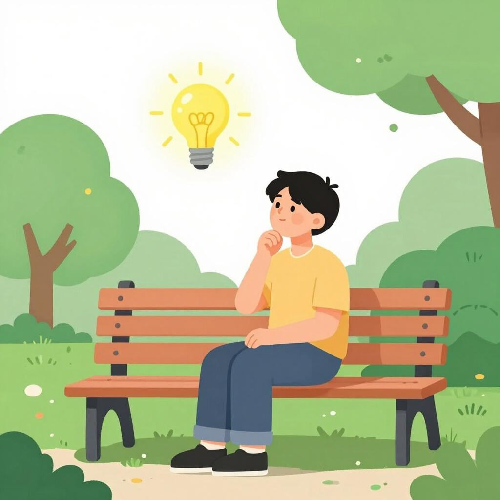 A person sitting on a bench looking thoughtful with a glowing lightbulb floating slightly above their head.