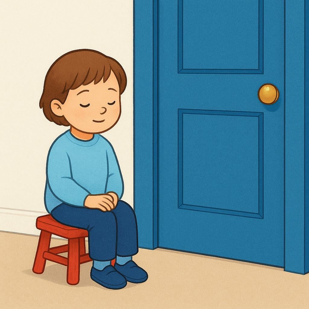 A small child sits patiently on a red wooden stool next to a large closed blue door, illustrating the concept of waiting.