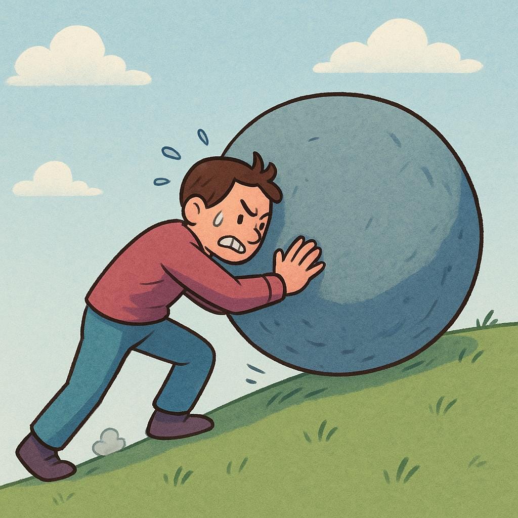 A person gritting their teeth and sweating profusely while putting maximum effort into pushing a large, heavy boulder up a slope.