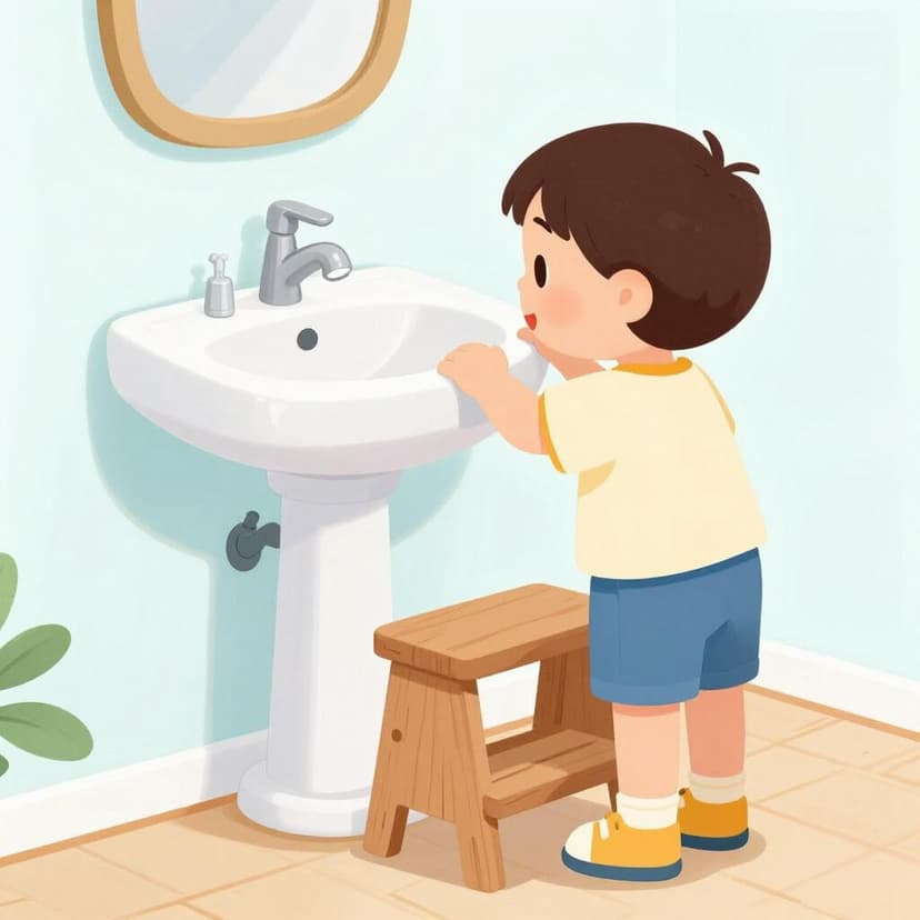 A child using a small step stool to reach a high sink.