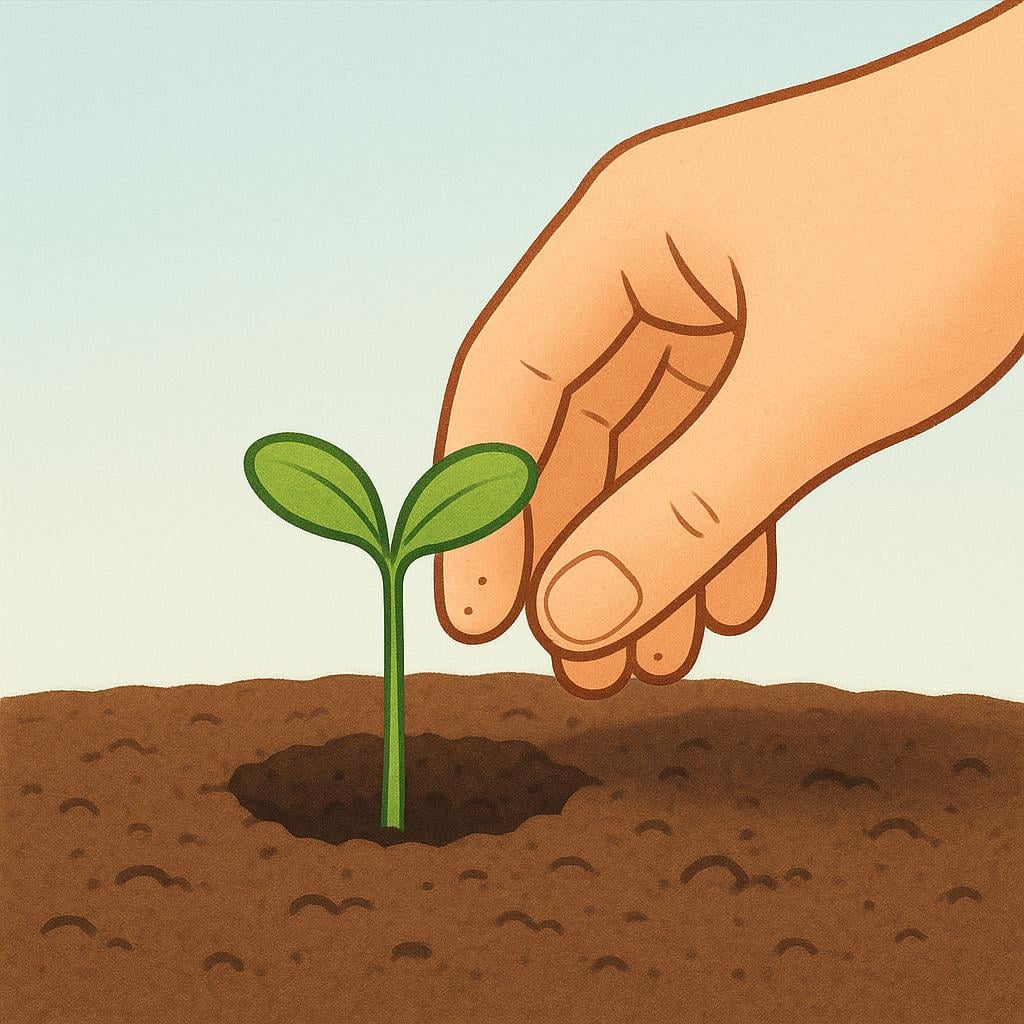 A hand gently inserting a small green seedling into dark brown soil, illustrating the action of planting.