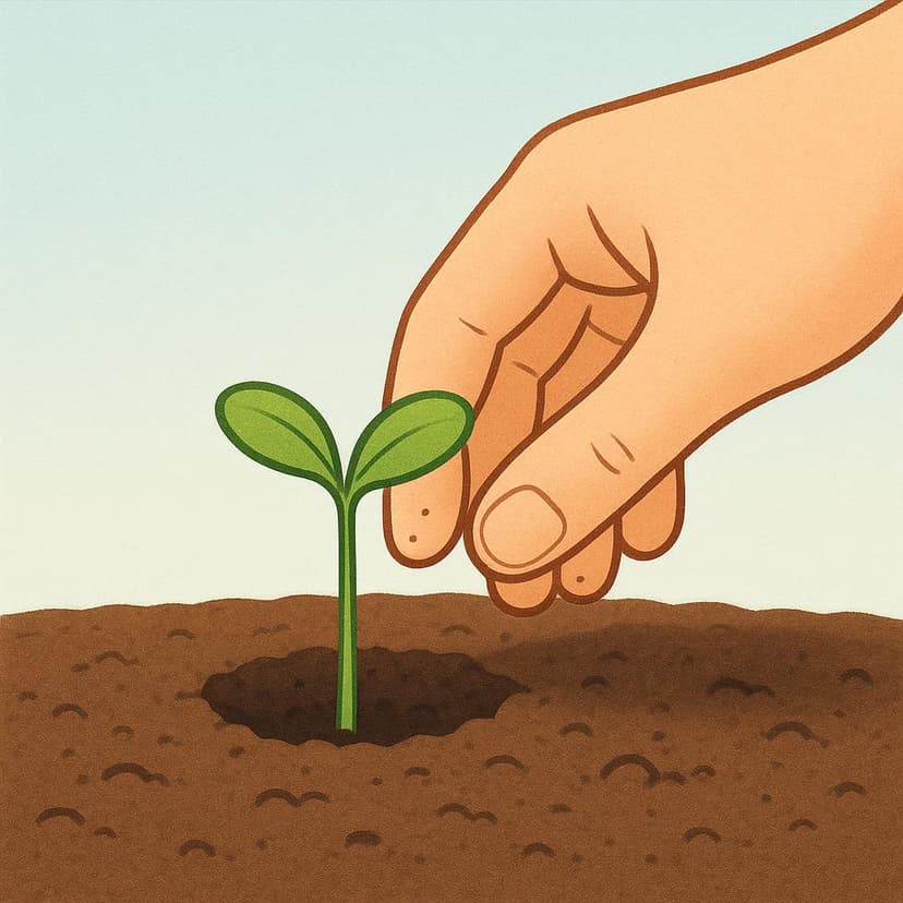 Una mano che inserisce delicatamente un piccolo germoglio verde in terra scura, illustrando l'azione di piantare.