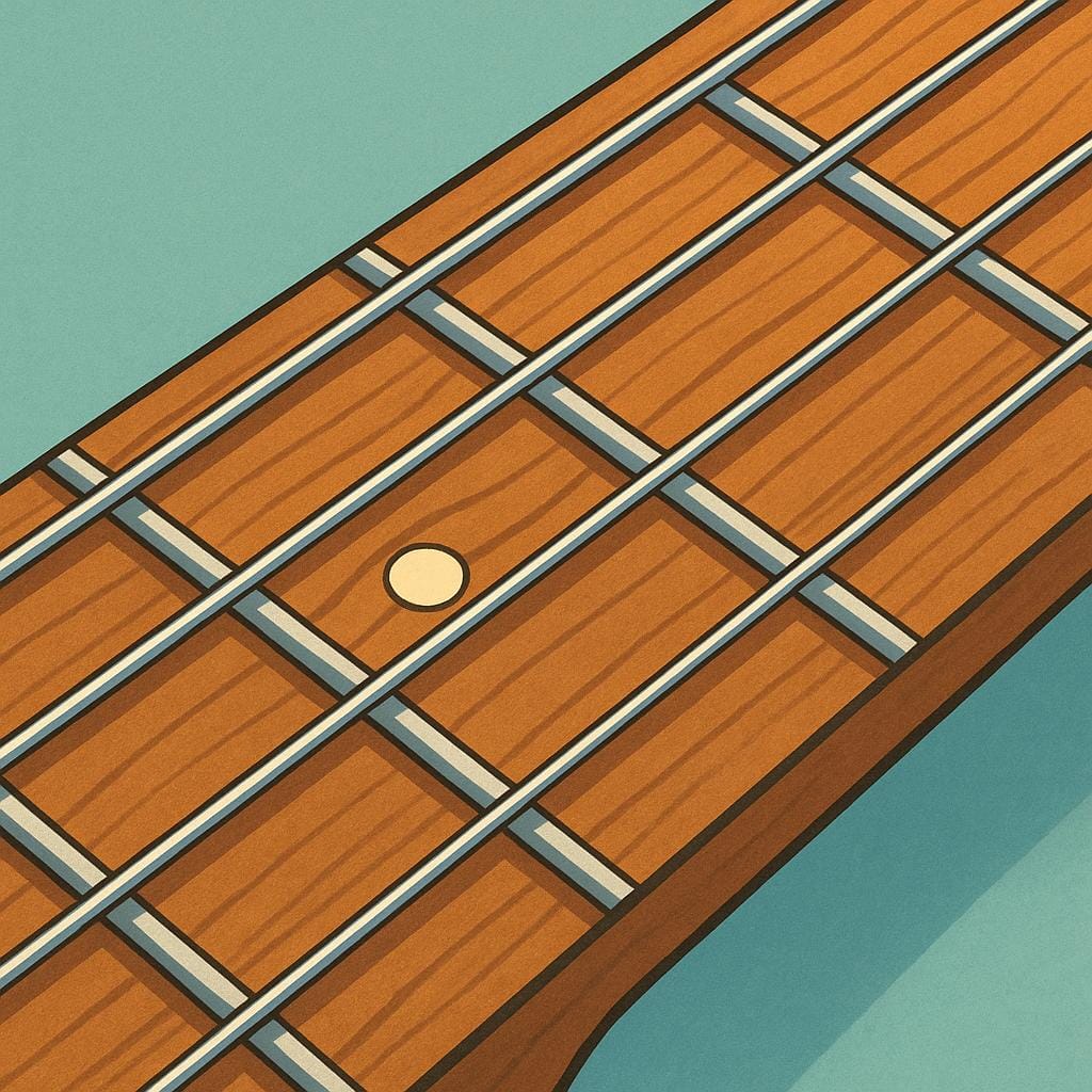 A close-up view showing the thin, taut strings stretched across the neck and fretboard of a wooden acoustic guitar.