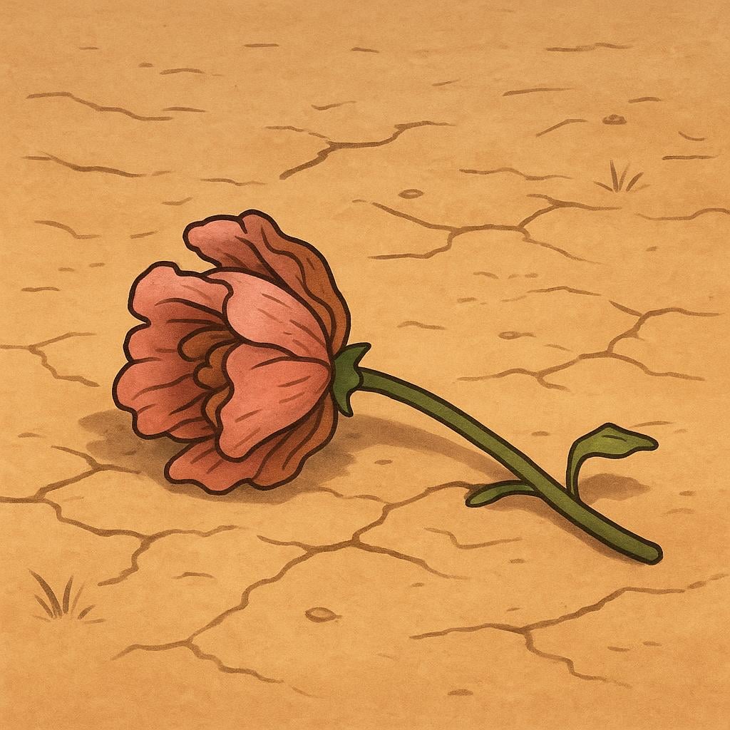 A close-up illustration of a single, completely wilted, brown, and dry flower lying on the earth, symbolizing something that is dead.