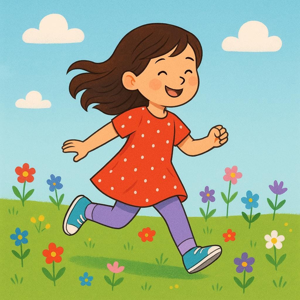 Una ragazza con un ampio sorriso gioioso che salta in un campo verde brillante e soleggiato, a simboleggiare la felicità.