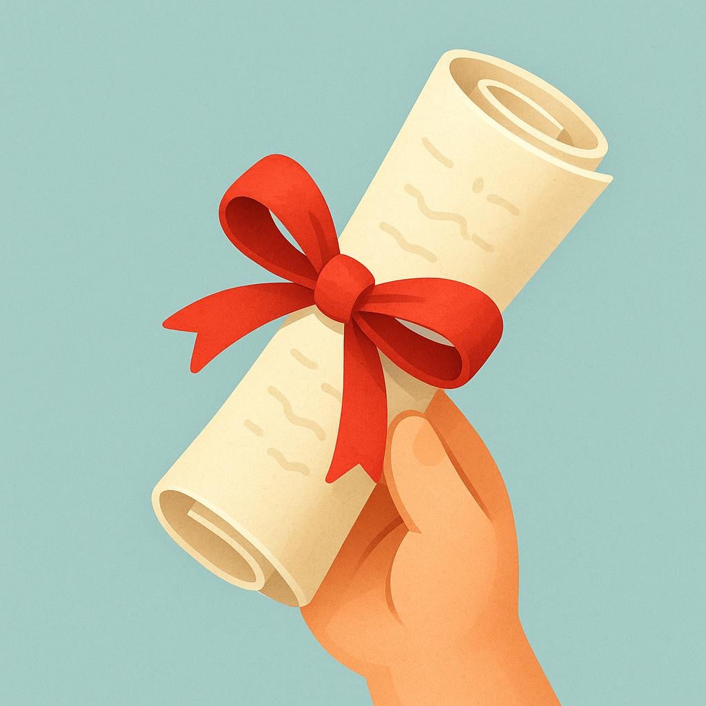 A stylized hand holding up a rolled-up piece of parchment secured with a red ribbon, symbolizing a completed written document.