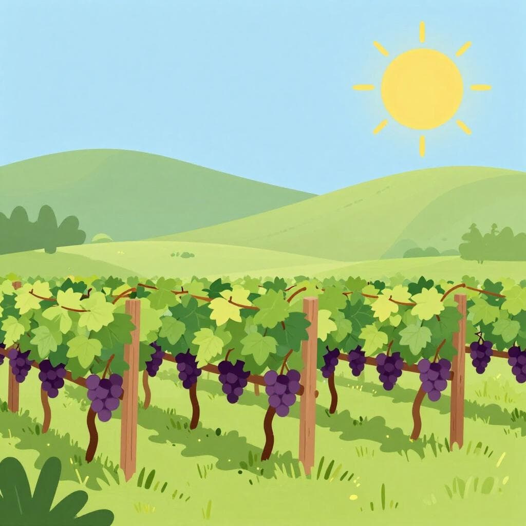 Un vignoble verdoyant avec des rangées de vignes sous un ciel bleu vif.