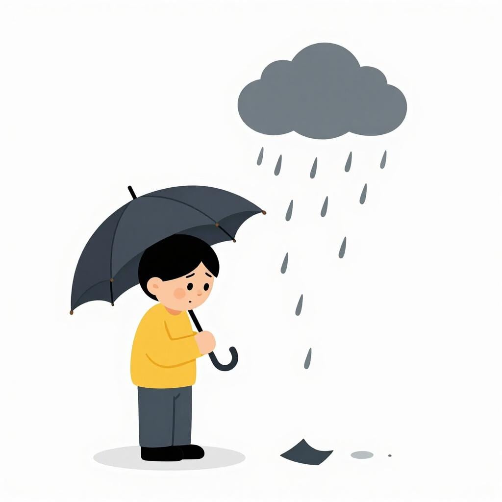 A person holding a broken umbrella in the rain while a small dark cloud hovers only over them.