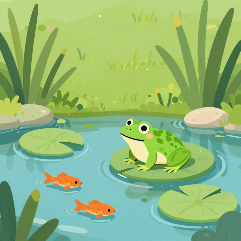 A vibrant pond ecosystem showing fish, lily pads, a frog, and a dragonfly in a balanced natural environment.