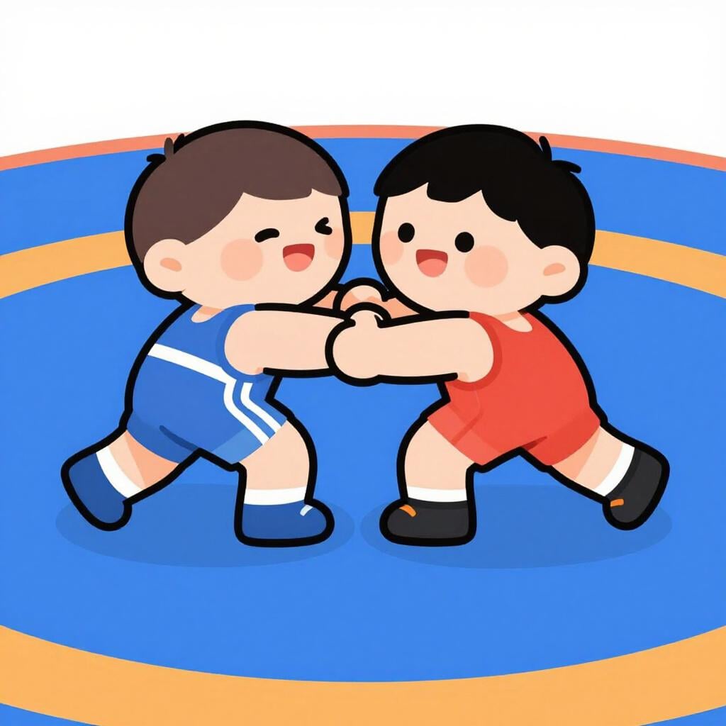 Two friendly cartoon wrestlers in a playful grappling match on a blue mat.