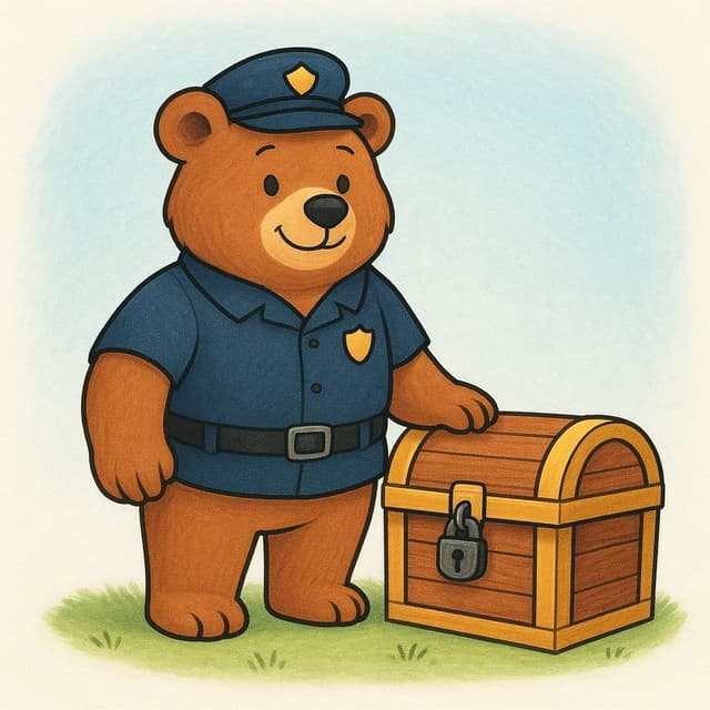 小さな警備員の制服を着た、たくましくフレンドリーなクマが、閉じた木製の宝箱の隣にしっかりと立ち、警備員として振る舞っている。