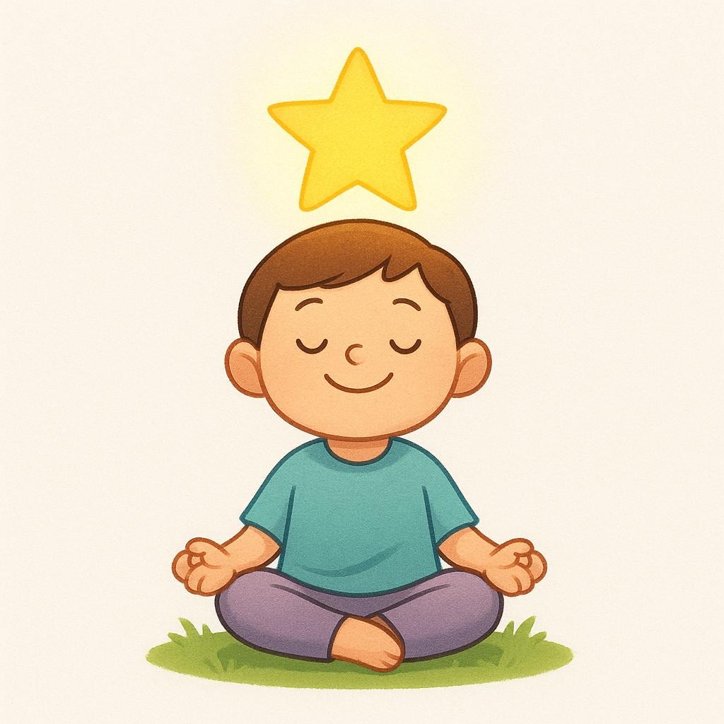 A simple, round, cheerful character sitting cross-legged on a patch of grass with a wide, contented smile. A large, brightly glowing yellow star floats directly above the character's head, symbolizing pure contentment and fulfillment.