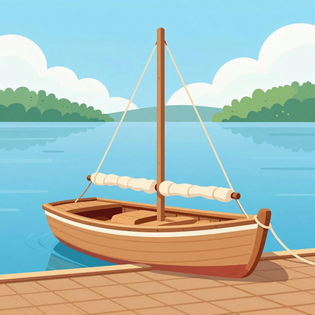 A small wooden sailboat tied to a wooden pier on calm blue water.
