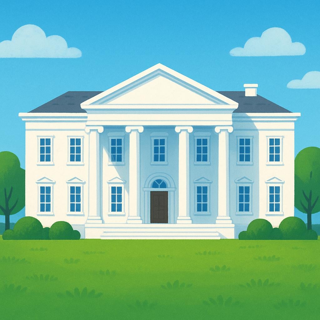 A massive, elegant white mansion with three stories, a columned portico, and expansive, perfectly manicured green lawns.