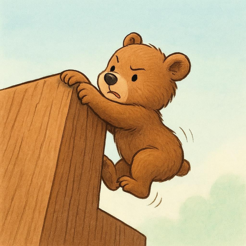 A small, determined bear cub strains, gripping the edge of a tall, steep wooden step with both paws, visibly exerting effort to pull itself up.