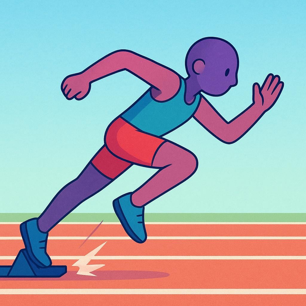 A high quality storybook illustration showing a single stylized runner exploding forward from a starting block, clearly initiating a race on a track.