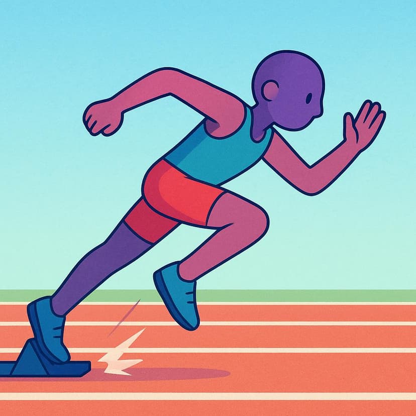 A high quality storybook illustration showing a single stylized runner exploding forward from a starting block, clearly initiating a race on a track.