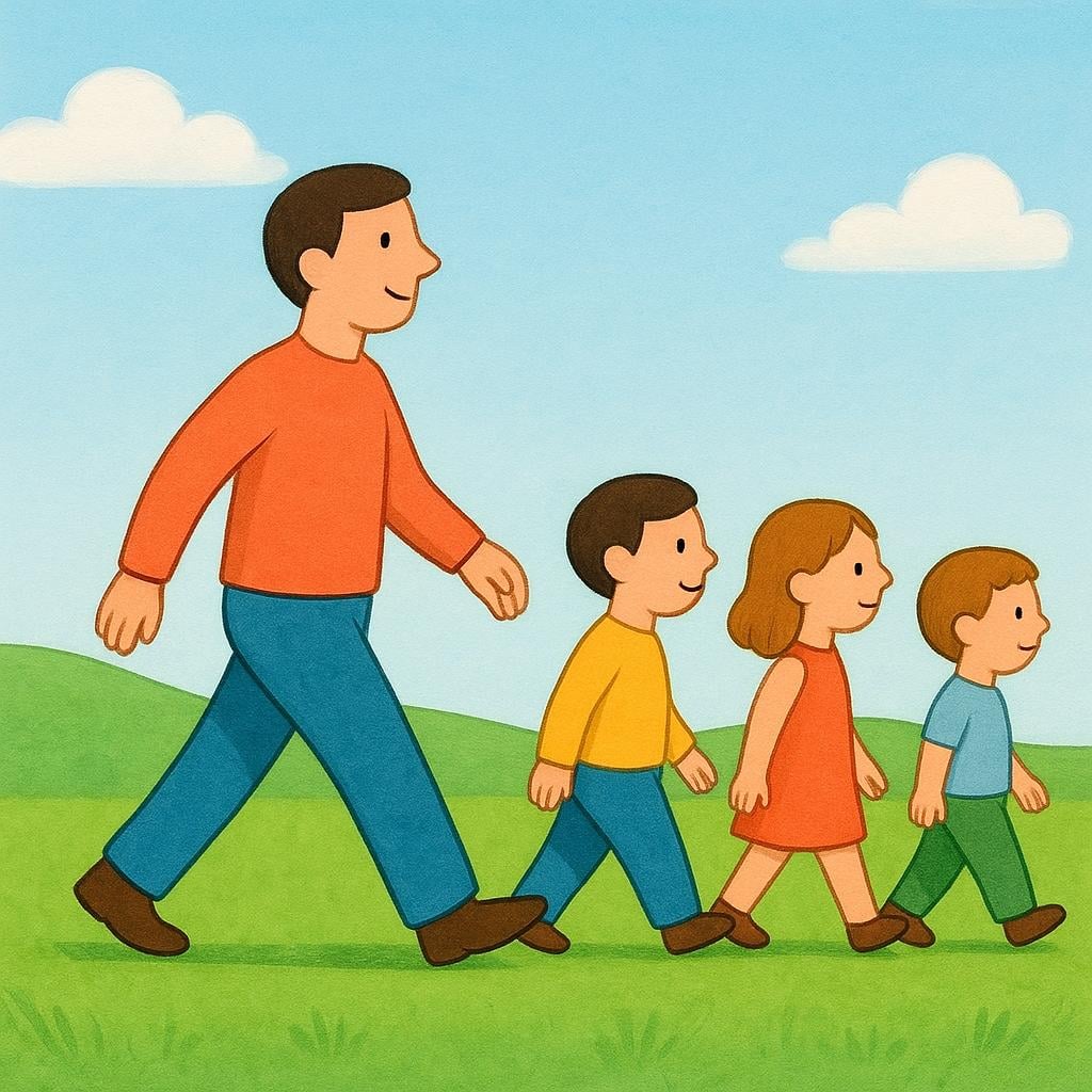A confident adult figure walks across a grassy field, followed closely in a single file line by three smaller figures, demonstrating the command 'Follow me'.