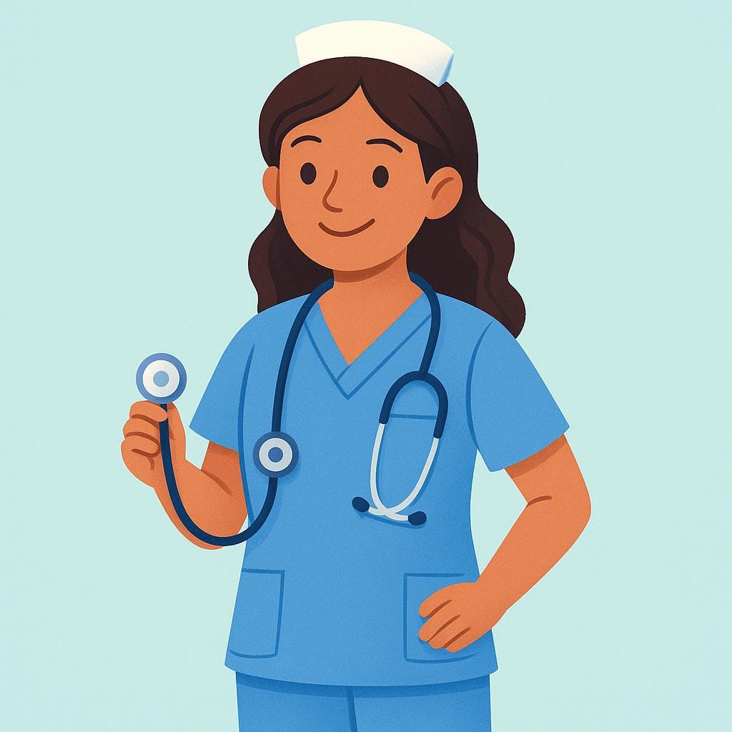 Un disegno di una donna sorridente che indossa una divisa medica blu e un cappello da infermiera bianco, tenendo uno stetoscopio.