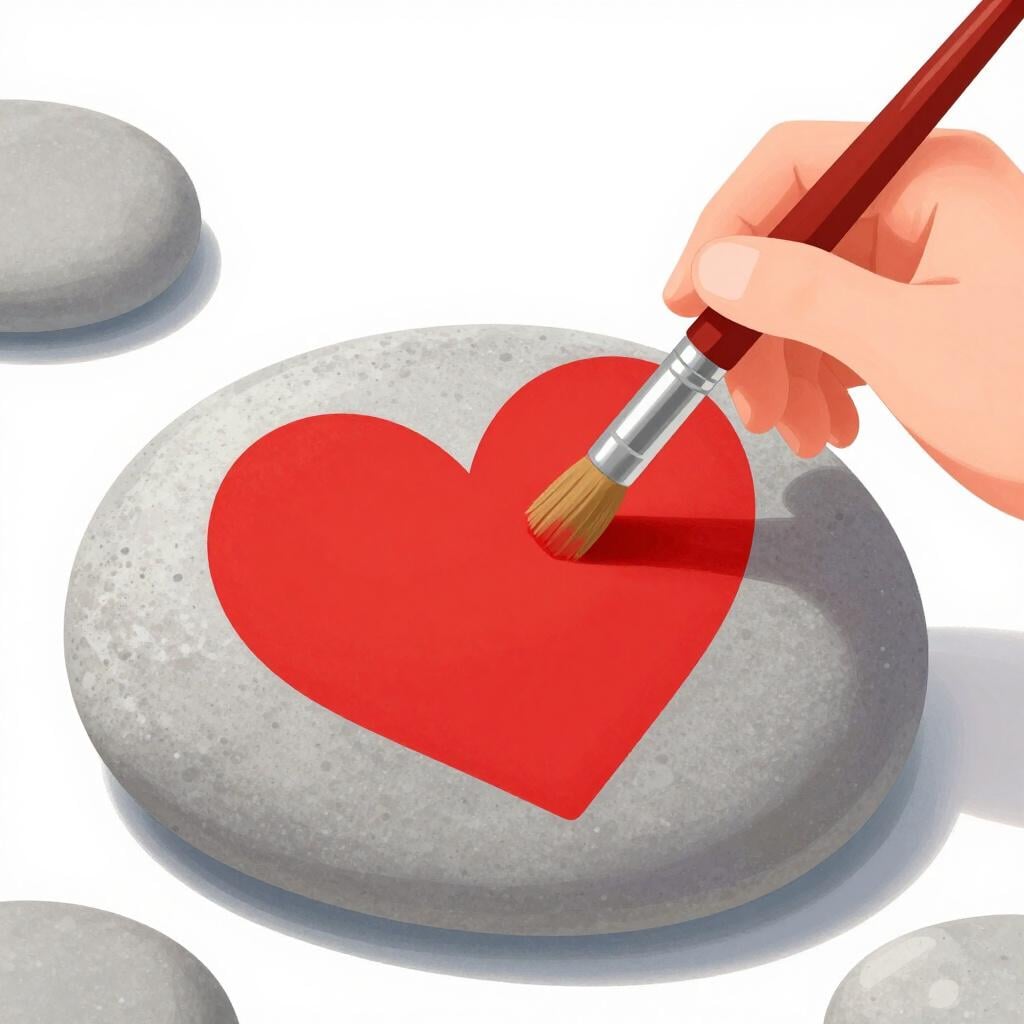 Un enfant peignant un cœur rouge vif sur une pierre grise, lui donnant un nouveau caractère.
