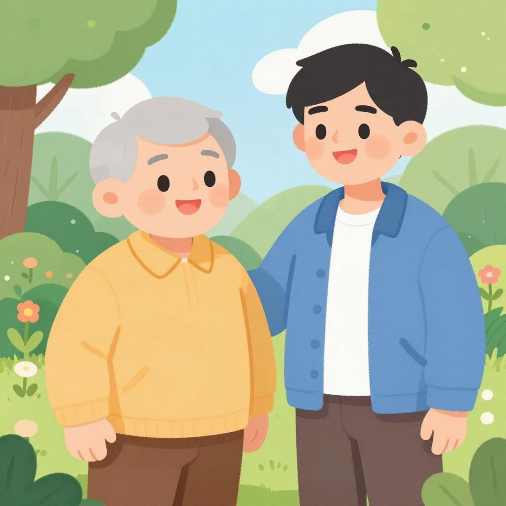 A kind, smiling older man with gray hair standing next to a younger man in a friendly, domestic setting.