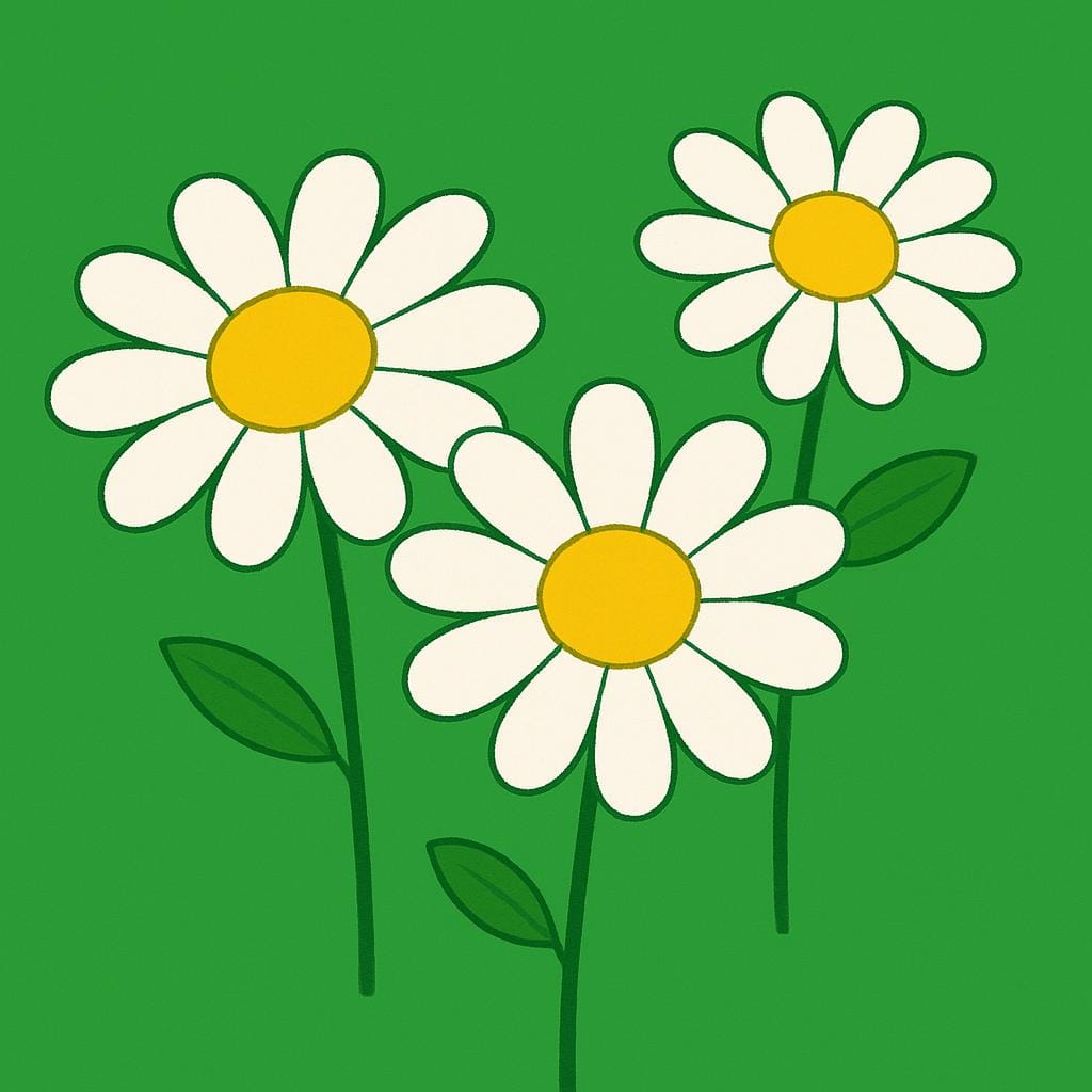 Três flores margaridas brancas simples com centros amarelos estão dispostas contra um fundo verde vibrante e sólido.