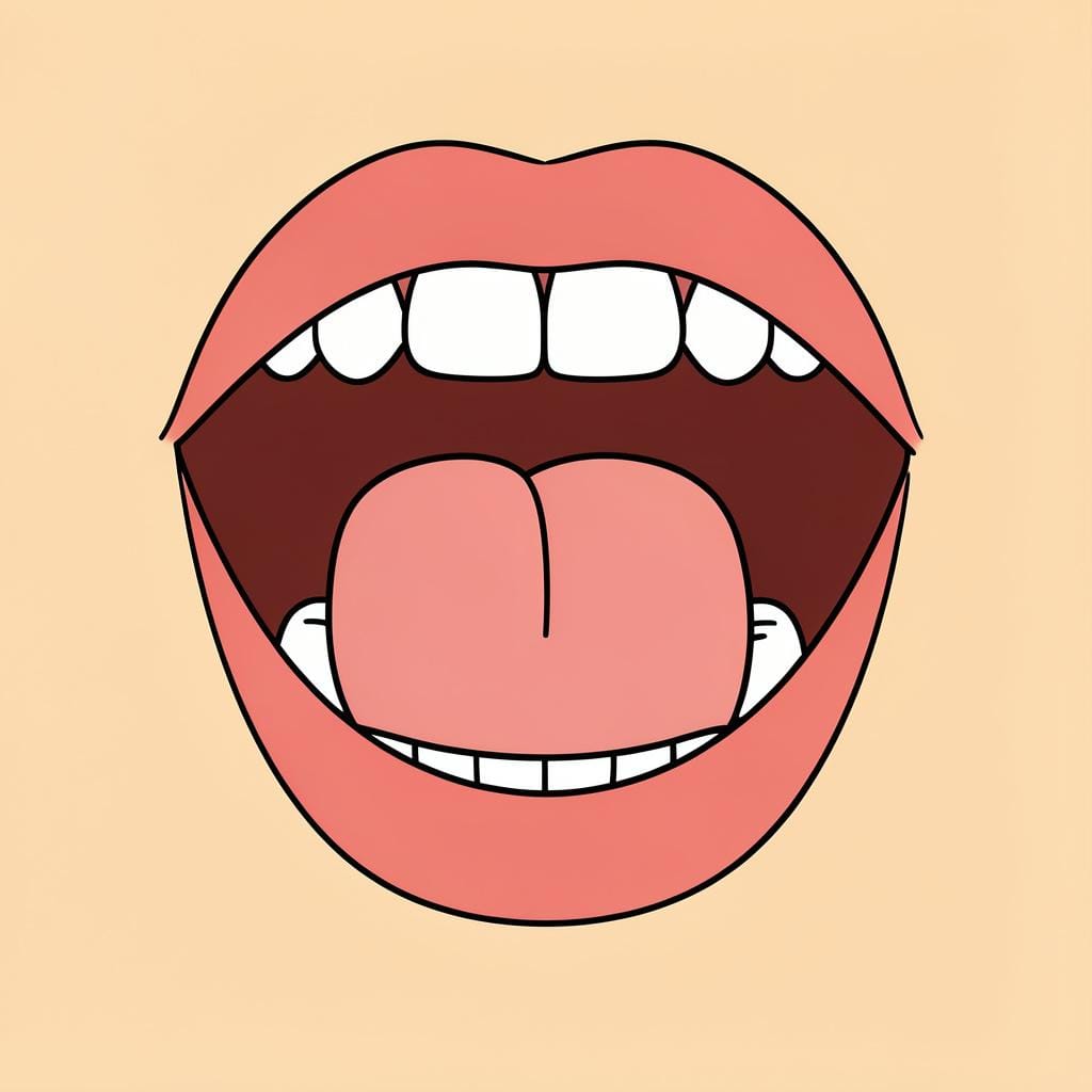 Un gros plan d'une bouche montrant la langue touchant l'arrière des dents de devant supérieures.