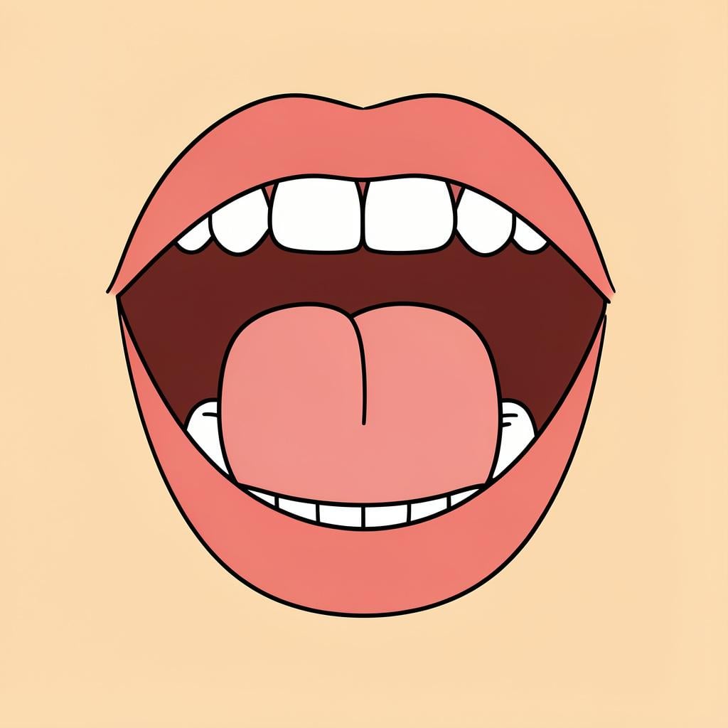 A close-up illustration of a mouth showing the tongue touching the back of the upper front teeth.