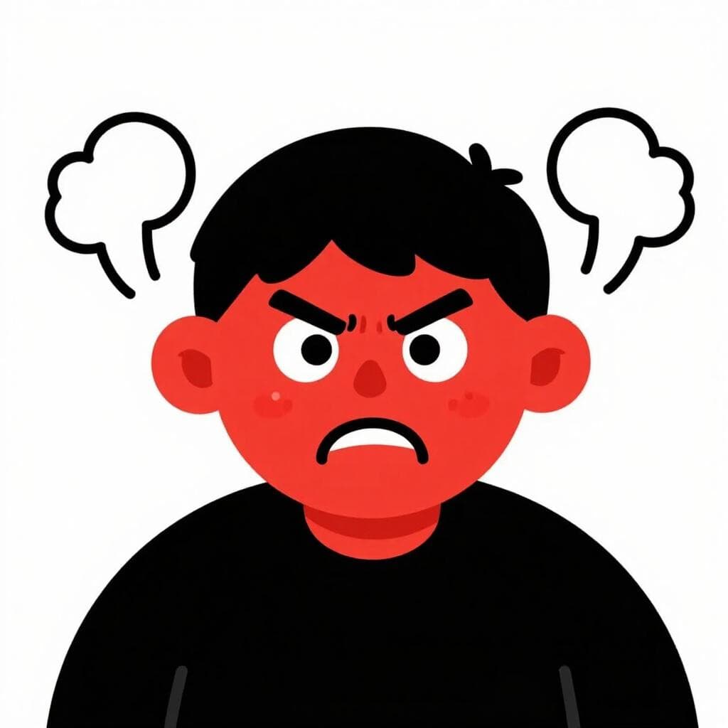 Een personage met een rood gezicht en stoom die uit de oren komt om intense woede aan te geven.
