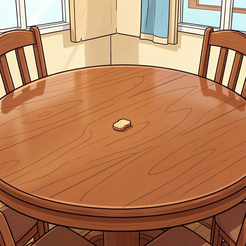 A single tiny crumb on a clean wooden table.