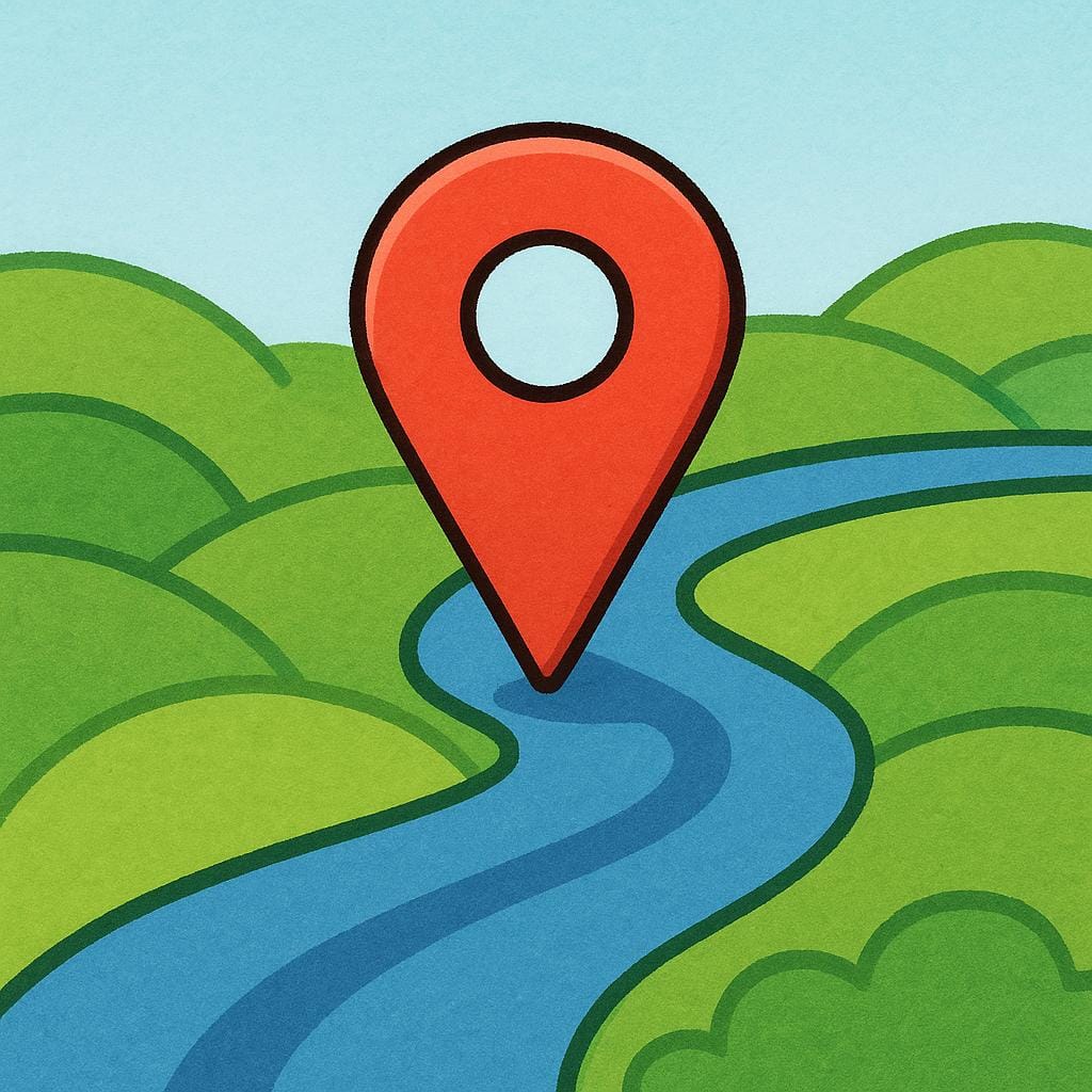 Eine lebendige Bilderbuchillustration mit einem großen roten Kartenmarkierungsstift, der auf einer stilisierten, farbenfrohen Karte steckt, die eine Landschaft aus grünen Hügeln und einem kleinen blauen Fluss darstellt.