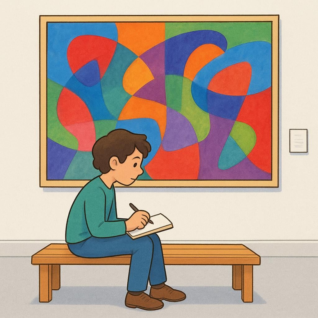 A person sitting on a bench in an art gallery, holding a notepad and pen, thoughtfully observing a vibrant abstract painting on the wall.