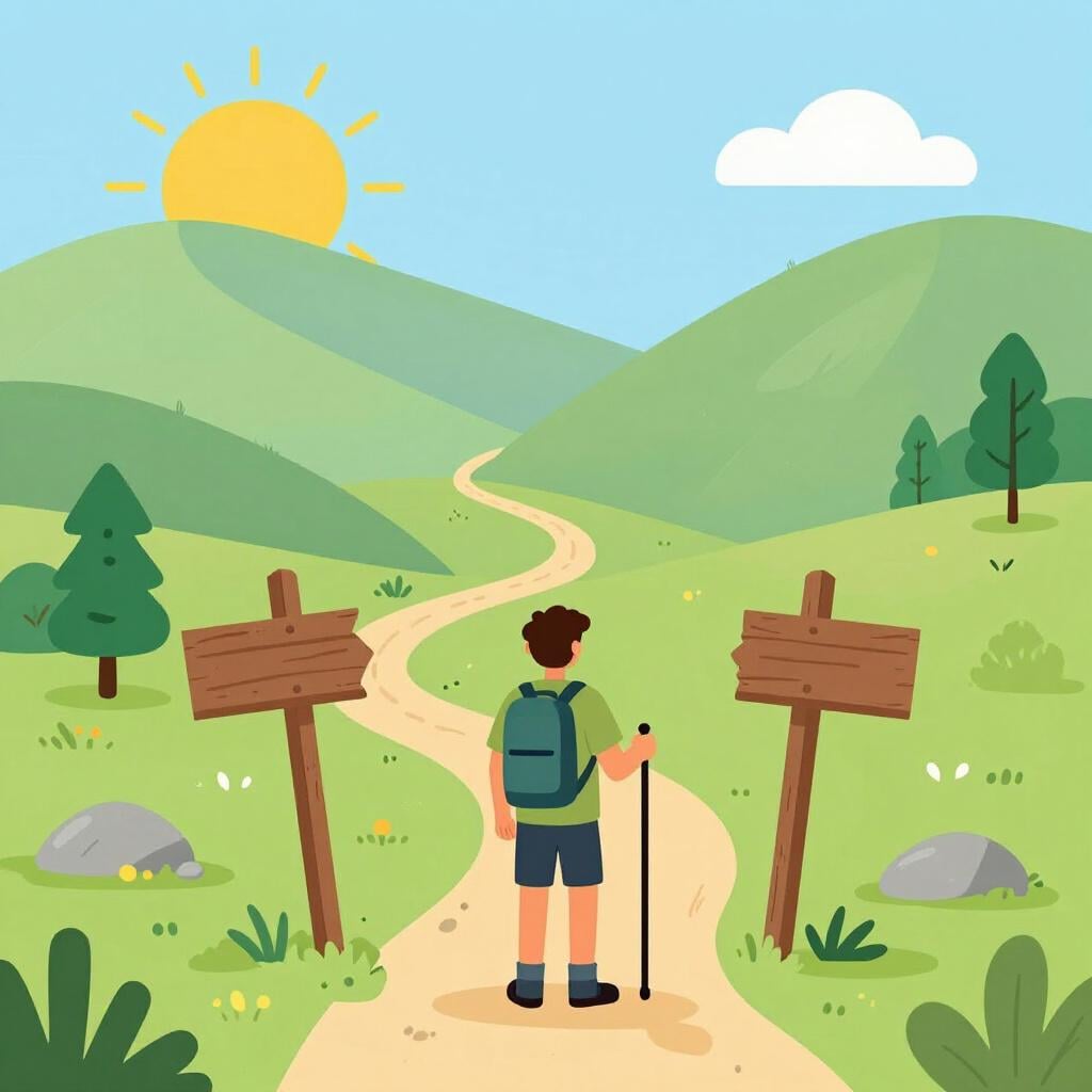 A hiker standing at a fork in a path under a sunny sky, surrounded by green hills.