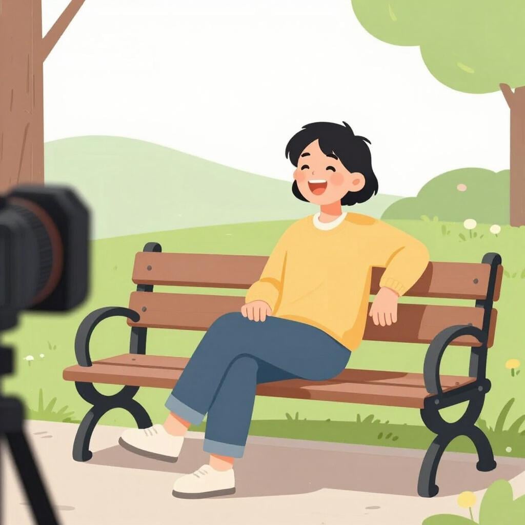 A person sitting on a park bench laughing while a camera captures the moment from a distance.