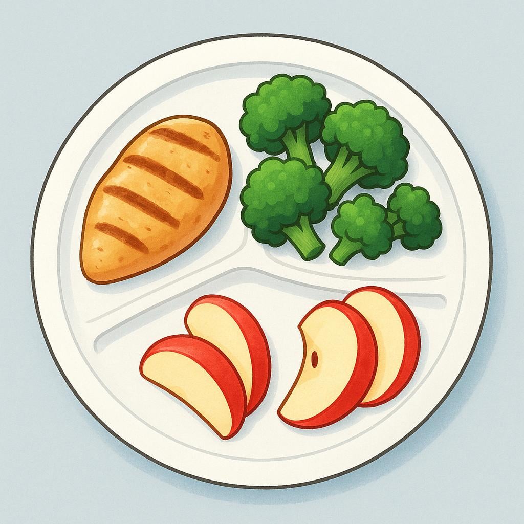 A colorful overhead illustration of a white plate neatly divided into three distinct sections, holding a balanced meal of protein (chicken), vegetables (broccoli), and fruit (apple slices), symbolizing a regulated eating plan.