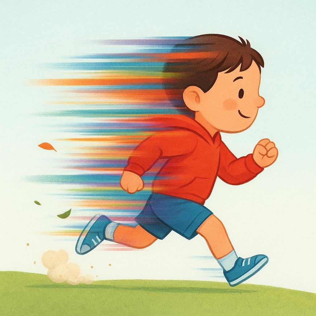 A young boy running away extremely fast, depicted as a colorful blur of speed, leaving a noticeable puff of dust behind him.