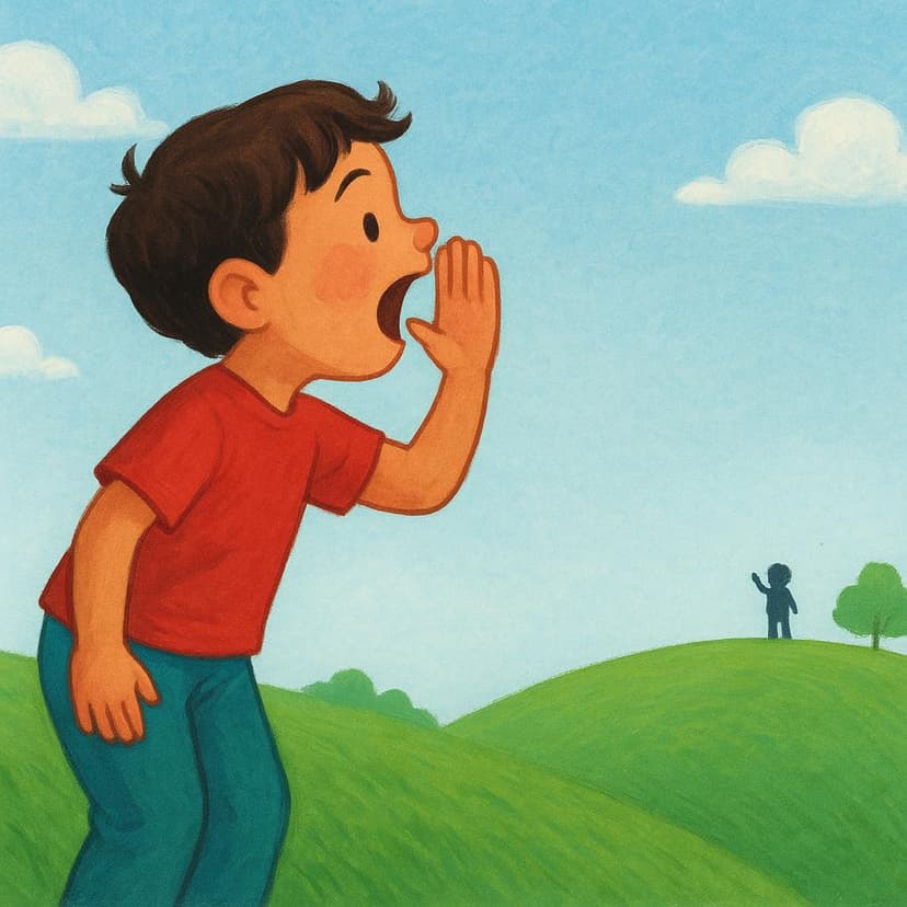 A colorful storybook illustration of a child standing on a bright green hill, cupping their hands around their mouth and shouting loudly towards a small distant figure.