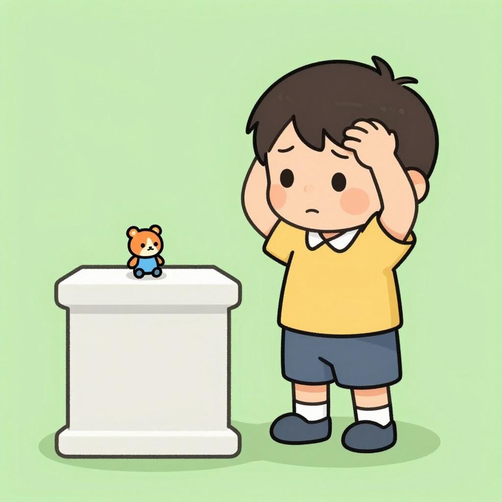 A confused child stands next to an empty pedestal, scratching their head and looking puzzled, trying hard to recall what was supposed to be there.