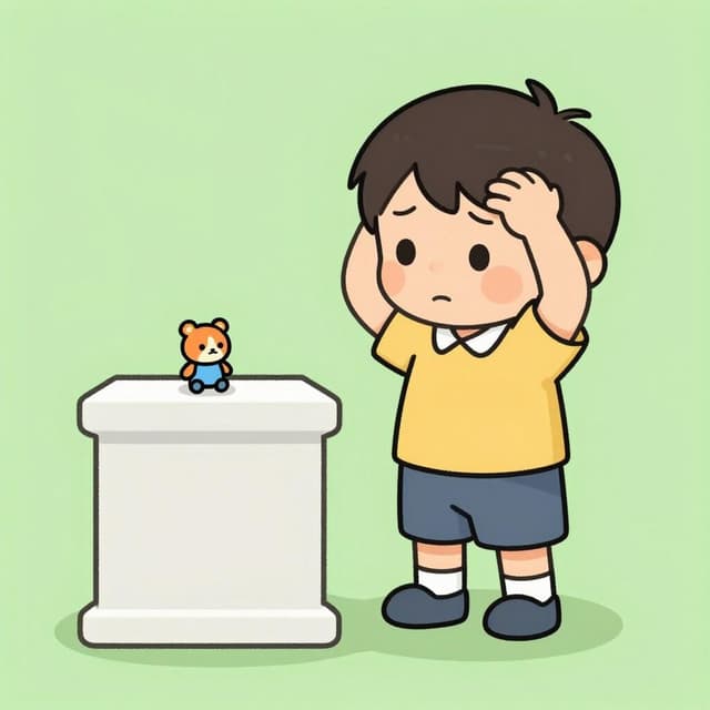 子供が頭をかきながら、そこに何があるはずだったのか思い出そうと困惑した様子で、空の台の隣に立っている。