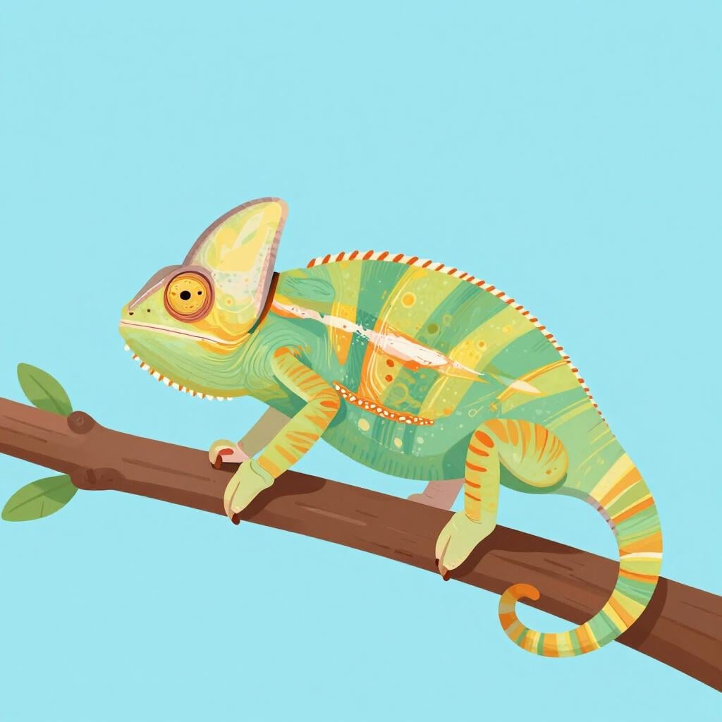 A colorful chameleon standing on a branch, its skin transitioning between bright green and vibrant orange.