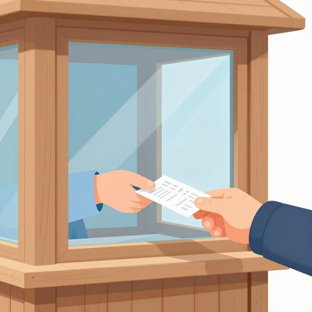 Een klein hokje met een glazen raam en een gleuf voor een bordje, waar een persoon een kaartje aan een klant geeft.