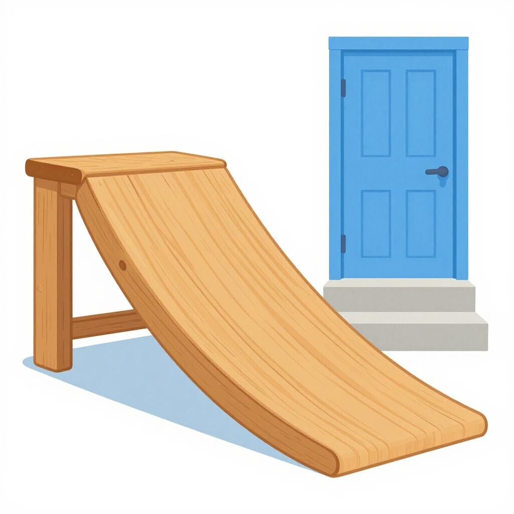 A wooden ramp leading up to a doorway next to a short set of stairs.