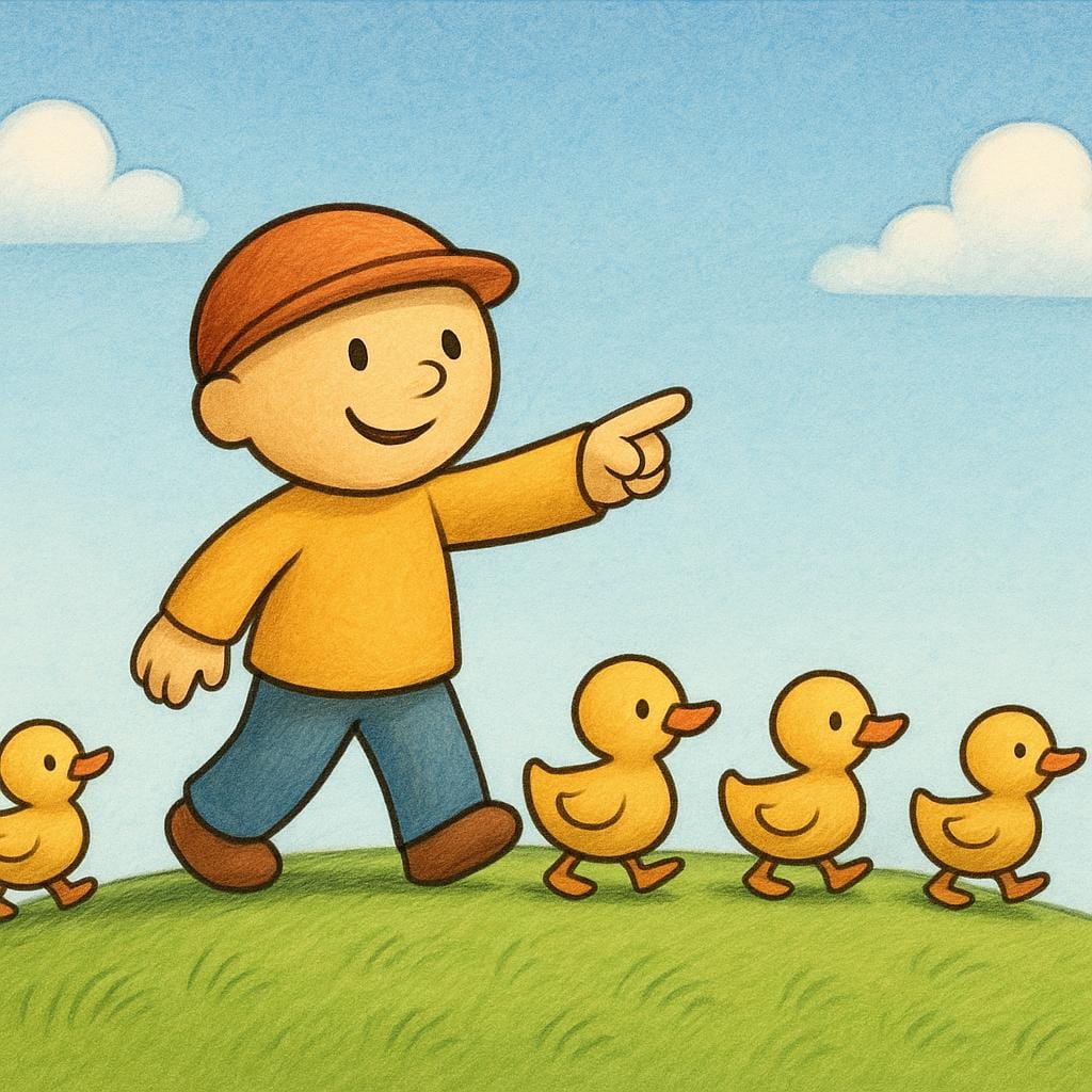 A cheerful figure standing on a hill, confidently pointing the way forward for a line of small, following creatures, symbolizing leadership.