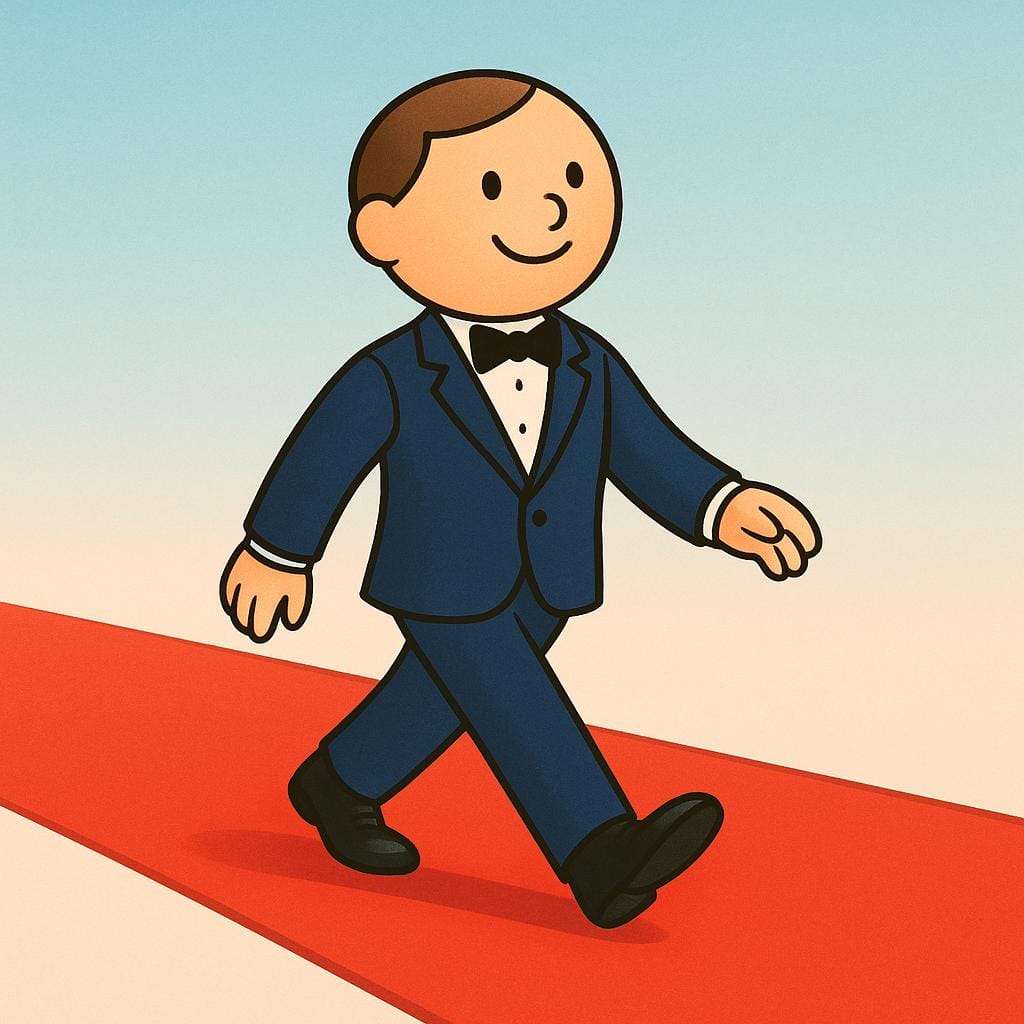 A smiling, well-dressed figure walking confidently on a simple red carpet.