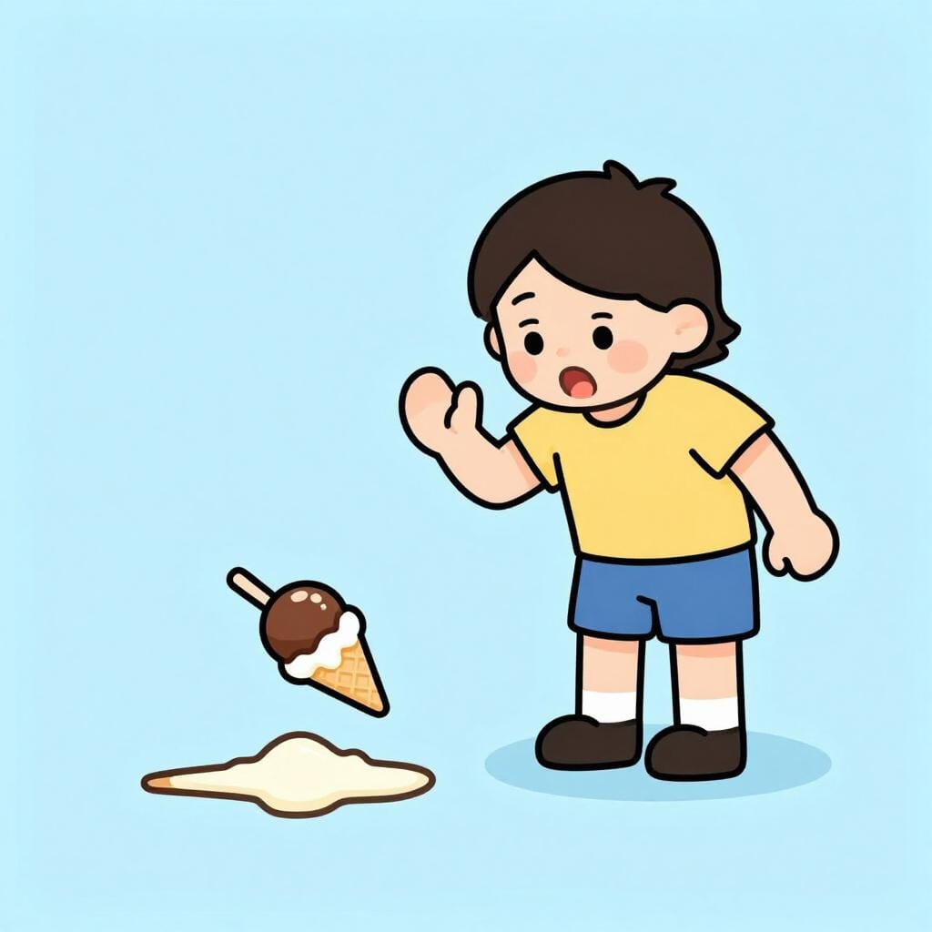 A person accidentally dropping an ice cream cone on the sidewalk.